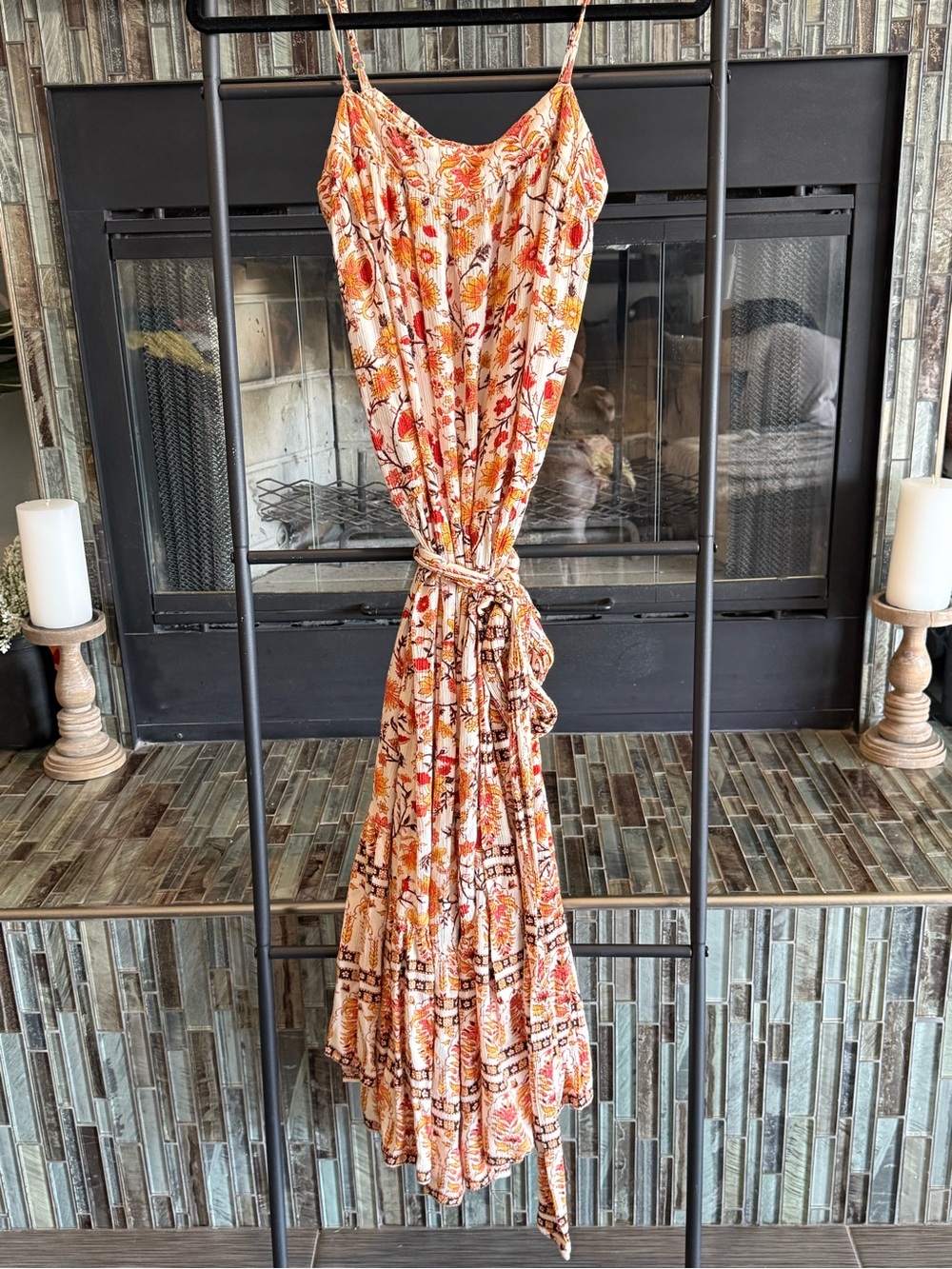 Billabong Peach and Orange Floral Tie-Waist Maxi Dress